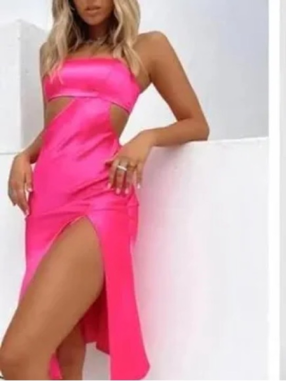 New white fox hot pink strappy Cutout High-Slit Midi Dress Sz small satin silky